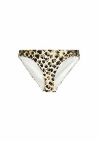 Bikini spodnji del z leopardjim vzorcem v bež, črni in rjavi barvi, s klasičnim krojem in belim notranjim podlogom.