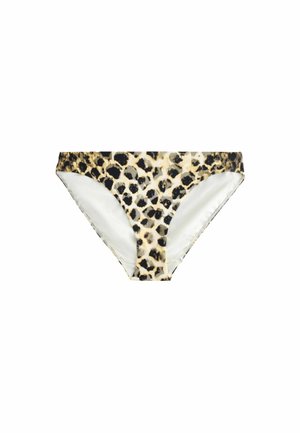 Bikiniunderdel i leopardmönster med beige, svarta och bruna fläckar, med en klassisk skärning och vit innersida.