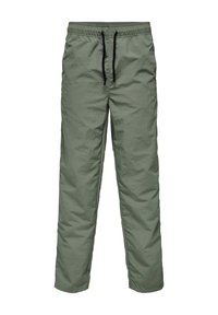 Helle olivgrüne Hose mit strukturierter Oberfläche, elastischem Bund und schwarzem Kordelzug. Gerader Beinschnitt ohne sichtbare Taschen.