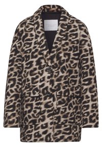 Beige ja brown leopardikuosis blazer. Valmistatud pehmest kangast, millel on nurgeline krae, kaks esikotit ja kaheastmeline kinniti.