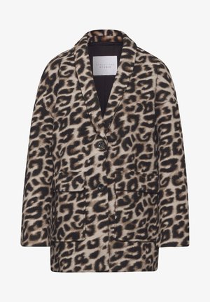 Beige ja brown leopardikuosis blazer. Valmistatud pehmest kangast, millel on nurgeline krae, kaks esikotit ja kaheastmeline kinniti.