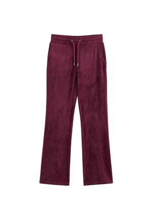 Bordeauxrote Sweathose mit weitem Bein, elastischem Taillenbund und Kordelzug, mit seitlichen Taschen und weicher Stofftextur.