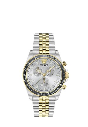 Versace todelt sølv- og guldkronograf ur med tre underskiver, Medusa-logo ved kl. 12 og sort krans med tachymetermarkeringer.