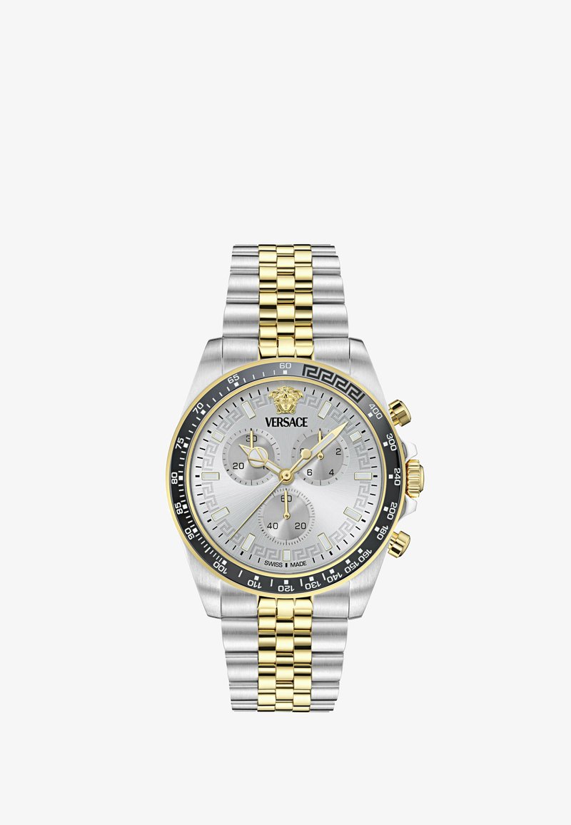 Versace kahetooniline hõbe-kuldne kronograafi kell kolme taimeriga, Medusa logo kellal 12, must raamiga, millel on tahhümeetri märgistused.