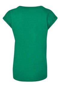 Grünes T-Shirt mit kurzen Ärmeln aus Baumwolle, Rundhalsausschnitt und hochgekrempelten Ärmeln, mit glatter Textur und lockerer Passform.
