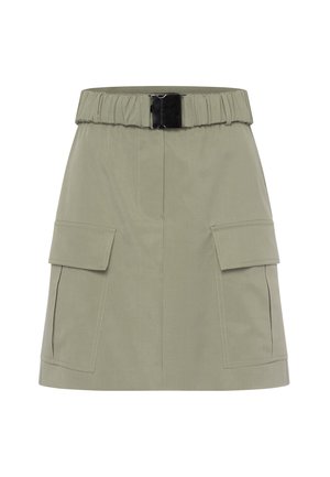 Khaki cargo skirt with elastic waistband and black hardware. Features two front patch pockets and visible stitching details. Short length.