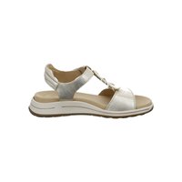 Sølvfarvet metallic sandal med åben tå, ankelrem, polstret beige indersål og hvid gummisål med let hæl.