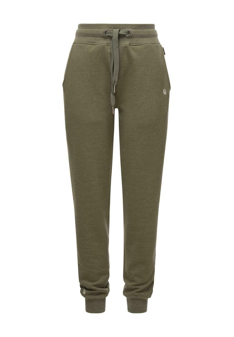 Olivgröna sweatshirtbyxor i mjuk bomullsblandning, med resår med snörning i midjan och ribbade muddar. Litet logotypdetalj på benet.