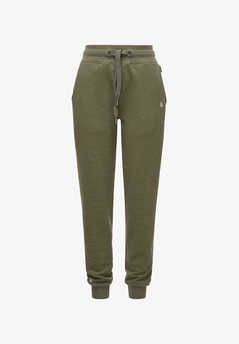 Olive green sweatpants made of soft cotton blend, featuring an elastic drawstring waistband and ribbed cuffs. Small logo detail on leg.