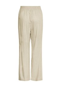 Beige wide-leg linen pants with elastic waistband, featuring a relaxed fit and straight hem.
