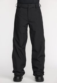 Pantalons noirs imperméables en tissu durable ; dotés d'une fermeture à bouton, d'une taille ajustable et d'une coupe droite pour faciliter le mouvement.
