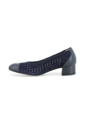 Scarpa da donna blu navy con tacco basso, lati in suede traforato e punte e talloni in pelle liscia, vista di profilo.