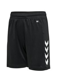 Schwarze Sportshorts aus leichtem Material, mit einem elastischen Bund und weißen Chevron-Streifen an den Seiten.