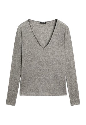 Šedý top s dlouhým rukávem a výstřihem do V z jemné látky, s mírně opraným límečkem a pohodlným střihem. Minimalistický design bez vzorů.