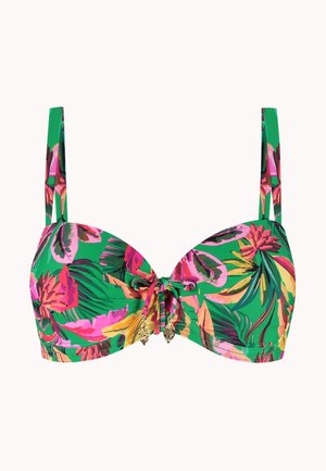 Grünes Bikinioberteil mit tropischem Blumenmuster in Pink, Gelb und Orange, verstellbaren Trägern und einer vorderen Schleife mit goldenen Blattanhängern.
