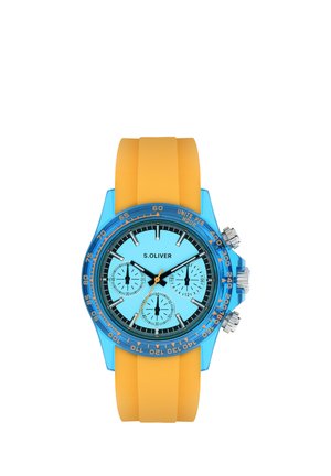 Blå og orange S. Oliver armbåndsur med tre undermålere, sorte timemarkører og orange silikonerem.
