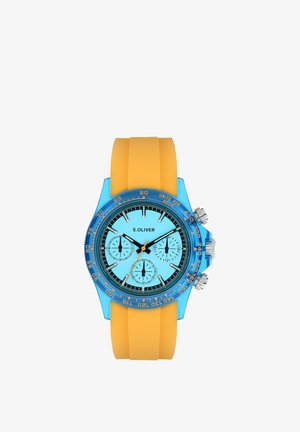 Montre-bracelet S. Oliver bleu et orange avec trois sous-cadrans, index heures noirs et bracelet en silicone orange.