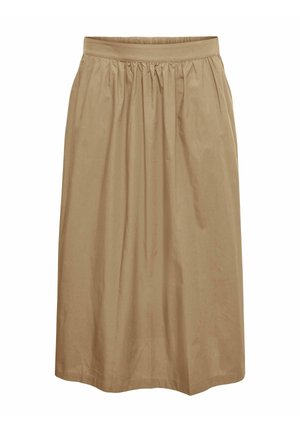 Beige knælang nederdel lavet af letvægtsstof, med elastisk taljebånd og subtile plisseringer for ekstra tekstur.