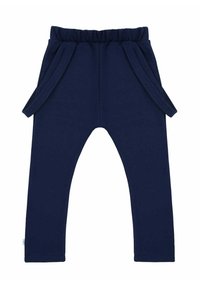 Granatowe bawełniane spodnie z elastycznym paskiem w talii, bocznymi kieszeniami i zwężonym krojem nogawek. Gładka faktura z minimalnymi szwami.