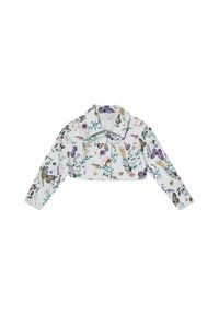 Giacca corta in tessuto bianco con stampa floreale e di farfalle. Bottoni sul davanti, maniche lunghe e design con colletto classico.
