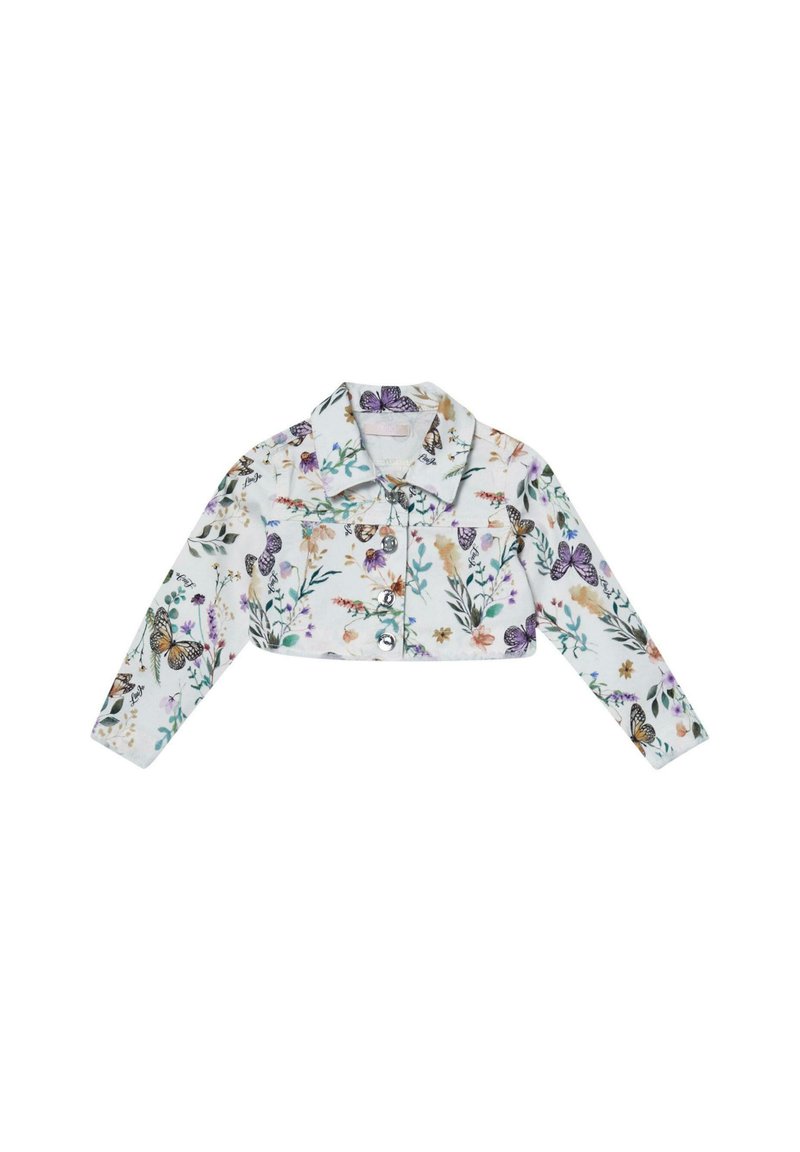 Giacca corta in tessuto bianco con stampa floreale e di farfalle. Bottoni sul davanti, maniche lunghe e design con colletto classico.