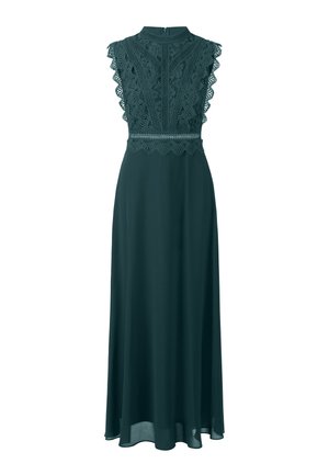 Langes türkisfarbenes Kleid mit Spitzenakzenten am Ausschnitt und an den Ärmeln, featuring einem taillierten Oberteil und einem fließenden Rock. Reißverschlussverschluss am Rücken.