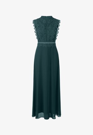 Lange teal jurk met kantaccenten bij de hals en mouwen, met een aansluitende bustier en een vloeiende rok. Ritsluiting aan de achterkant.