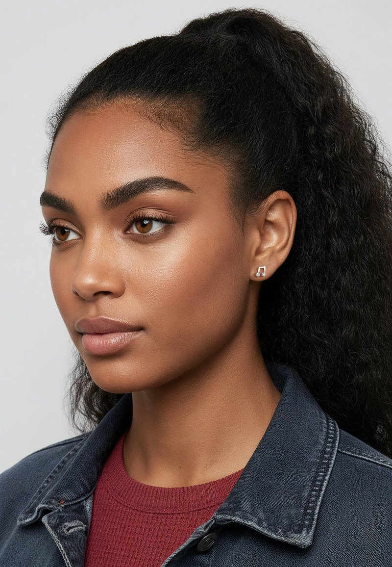 Silverörhänge med musiknotdesign och polerad yta. Modellen bär en marinblå jeansjacka och en vinröd tröja med struktur.