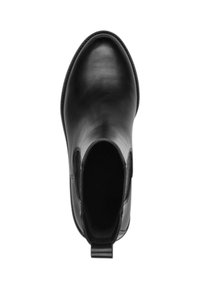 Schwarzer Lederstiefel mit glatter Textur, runder Zehenpartie, elastischen Seitenpaneelen und einer Zuglasche an der Ferse für einfaches Anziehen.