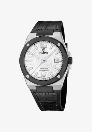 Reloj Festina con caja de acero inoxidable plateado, esfera blanca texturizada, correa de cuero negro, marcadores de hora audaces y función de fecha.