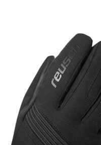 Schwarze Handschuhe mit einer strukturierten Oberfläche, ausgestattet mit dem Markenlogo "reusch" in Silber. Enthält subtile gerippte Akzente im Handgelenkbereich.
