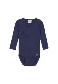 Marineblå langærmet bodysuit i ribbet stof, der har et omslagdesign, trykknapper på siden og et lille mærkelogo nederst.