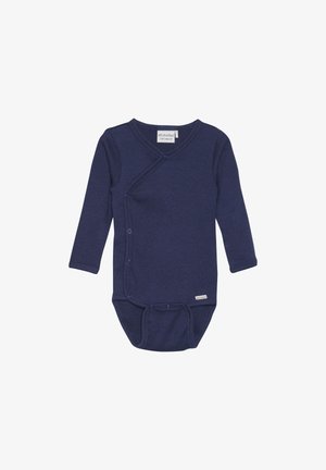 Granatowy body z długimi rękawami, wykonane z prążkowanej tkaniny, związane w stylu kopertowym, z zatrzaskami po boku oraz małą metką marki na dole.
