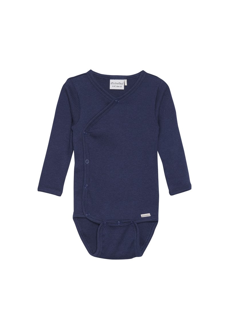 Marineblå langærmet bodysuit i ribbet stof, der har et omslagdesign, trykknapper på siden og et lille mærkelogo nederst.