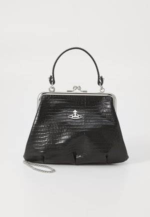 Black faux crocodile leather handbag with a silver frame, top handle, and detachable chain strap. Features a logo accent on the front.