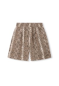 Pantalones cortos marrones con estampado de serpiente, con cintura elástica, frente plisado y textura suave, presentando un patrón uniforme en toda la prenda.