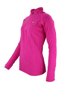 Pull en polaire rose vif avec une fermeture éclair moitié sur le devant, des manches longues et des coutures renforcées le long des bords. Texture légère et douce.