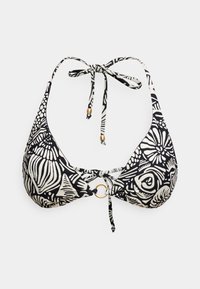 Μπικίνι τοπ με μοτίβο σε ασπρόμαυρο χρώμα, τρίγωνο σχήμα, με χρυσό δαχτυλίδι στο κέντρο και ρυθμιζόμενους δεσμούς στο λαιμό και στην πλάτη.