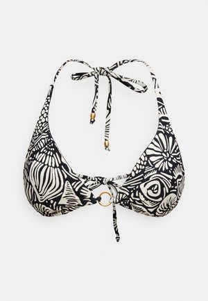 Top bikini a triangolo con motivo a fantasia bianco e nero, caratterizzato da un dettaglio a anello dorato al centro e lacci regolabili al collo e alla schiena.