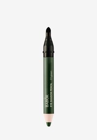 Groene oogschaduwpen met een puntige applicatorpunt. De behuizing is olijfgroen met een roze basis, gelabeld "Babor Oogschaduwpen 03 groen."