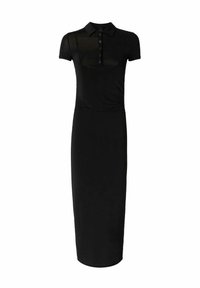 Crna haljina kratkih rukava s polo ovratnikom i kopčanjem na gumb. Ima uski kroj i glatki, rastezljivi materijal.