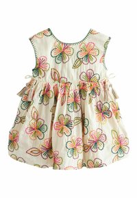 Besticktes Baumwollkleid mit mehrfarbigen Blumenmustern, einem runden Ausschnitt und Quastenakzenten an den Seiten für zusätzliche Details.
