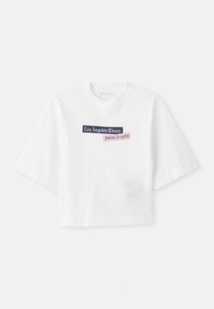 Weißes, cropped T-Shirt aus Baumwolle mit Rundhalsausschnitt. Mit bedrucktem Text "Los Angeles Times" und "Palm Angels" in verschiedenen Farben.