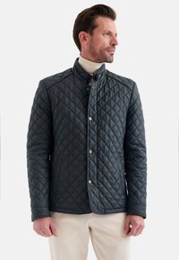 Gequiltede, donkergrijze jas met een staande kraag, drukknoopsluiting, zijzakken en contrasterende stikseldetails.