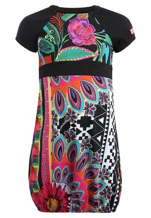 Vestido corto de manga corta negro con patrones florales y geométricos coloridos en rosa, verde, naranja, azul y blanco, con dobladillo fruncido.