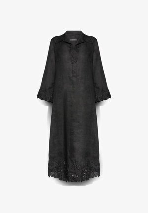Schwarzes Midikleid mit langen Ärmeln, Kragen, V-Ausschnitt und floralen Spitzen-Ausschnitten an Manschetten und Saum.
