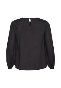 Black long-sleeve blouse with a round neckline, keyhole back detail, and gathered cuffs. Made of lightweight fabric with a smooth texture.