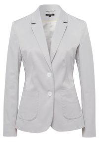 Blazer gris clair en tissu texturé, doté d'un col cranté, de deux poches avant et de deux boutons blancs sur le devant.