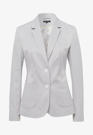 Blazer gris clair en tissu texturé, doté d'un col cranté, de deux poches avant et de deux boutons blancs sur le devant.