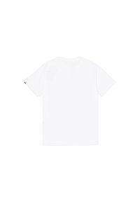 Tricou alb cu mânecă scurtă, confecționat din bumbac. Design cu gât rotund, cu o textură netedă și simplă, fără grafica sau accente vizibile. Vedere din spate.